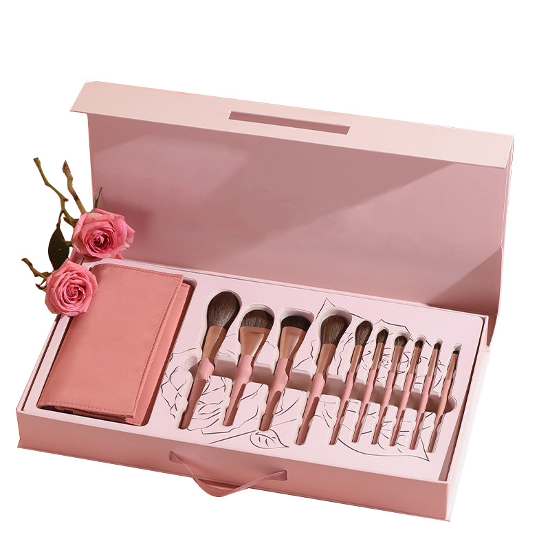 Magnetic Flat Top 10pcs Pink Eye Brush Kit Gift Box Makeup Brush Set Packaging With Bag For Cosmetic Brush