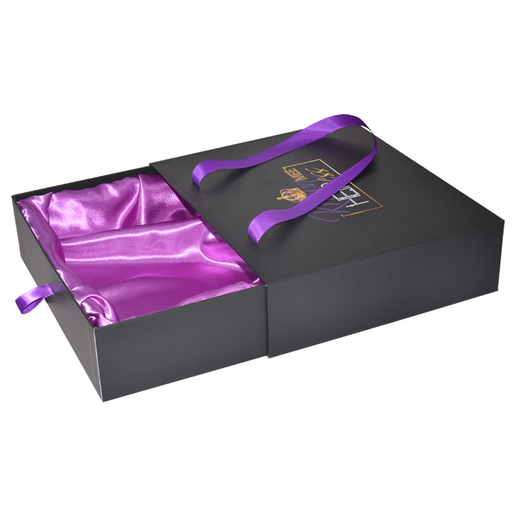 Customized Printing Hair Extension Wigs Packaging Drawer Box with Purple Satin Holder and Silk Handle