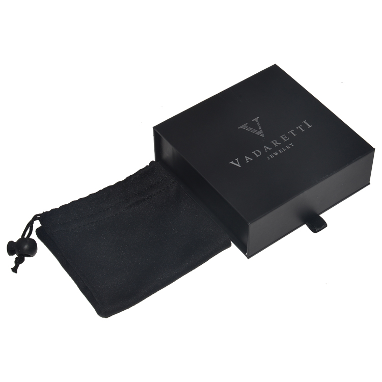 Matte Black Magnetic Jewelry Gift Box with Silver Hot Foil Stamping Logo and Drawstring Bag from Shenzhen Factory