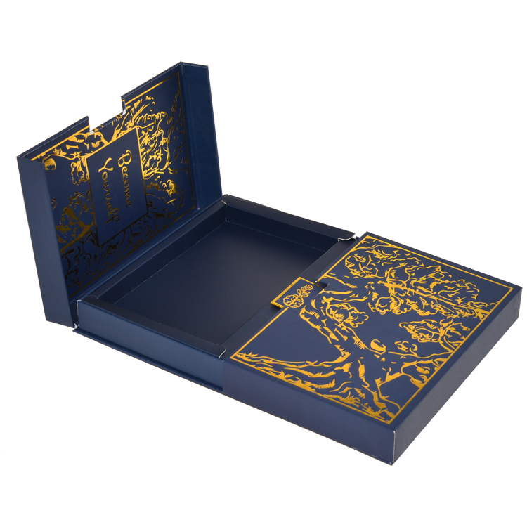 Customized Design Luxury Two Door Open Rigid Paper Gift Box for Cosmetic Makeup Packaging Box with Gold Hot Stamping Patterns