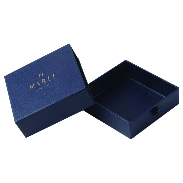 Custom Navy Blue Drawer Box Jewelry Gift Box Stamping Foil Logo Packaging Earring Ring Necklace Box with Velvet foam