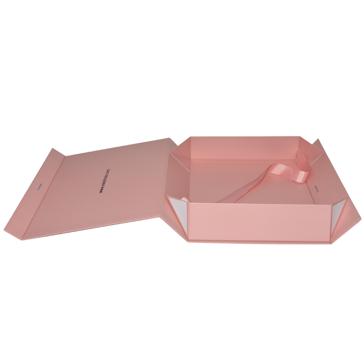 Custom Foldable Collapsible Pink Magnetic Hair Extension Wigs Gift Box with Silk Ribbon and Foil Stamping Logo