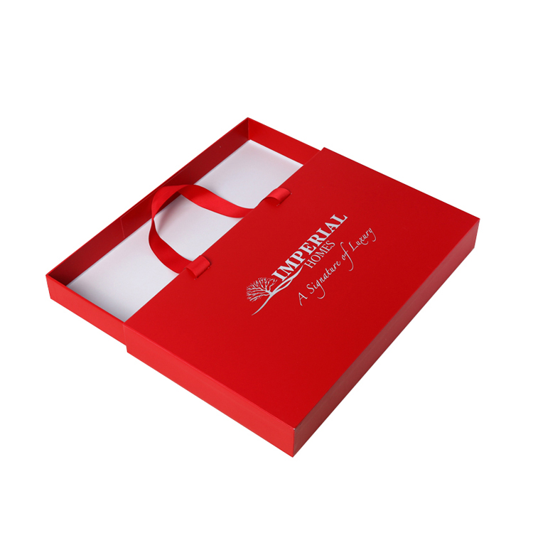 Red Customized Designed Paper Drawer Box with Gold Hot Stamping Logo and Ribbon Handle for Hotel Souvenir Packaging