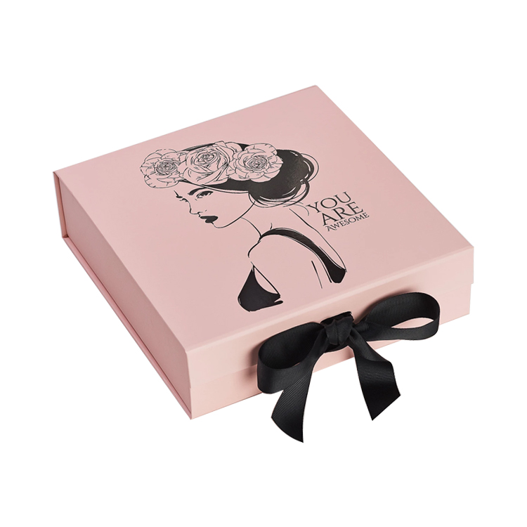 Customized Pale Pink A5 Shallow Foldable Magnetic Gift Boxes with Changeable Ribbon and Hot Foil Stamping Logo