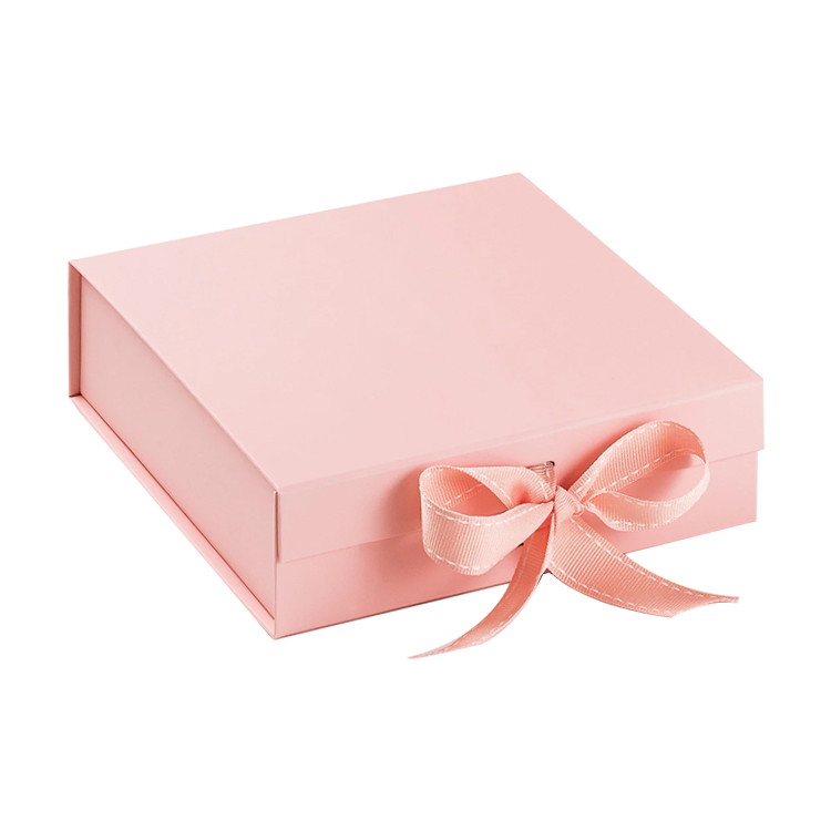 Customized Pale Pink A5 Shallow Foldable Magnetic Gift Boxes with Changeable Ribbon and Hot Foil Stamping Logo