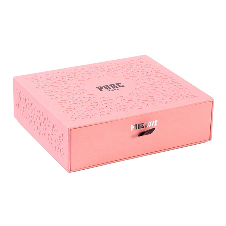 Customized Blush Pink Paper Cosmetics Packaging Cardboard Sliding Drawer Box with Silver Foil Stamped Logo and Plastic Holder