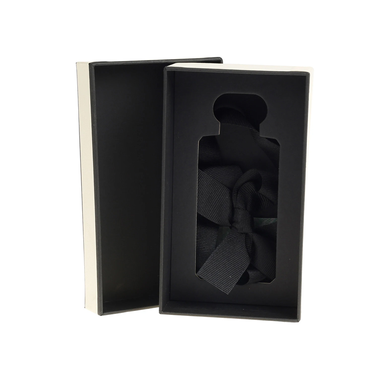 Luxury Textured Lid and Base Boxes Black Edge Printed with Cardboard Holder and Silk Ribbon for Perfume Packaging