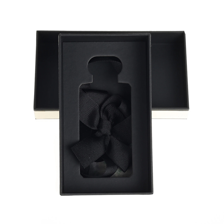 Luxury Textured Lid and Base Boxes Black Edge Printed with Cardboard Holder and Silk Ribbon for Perfume Packaging