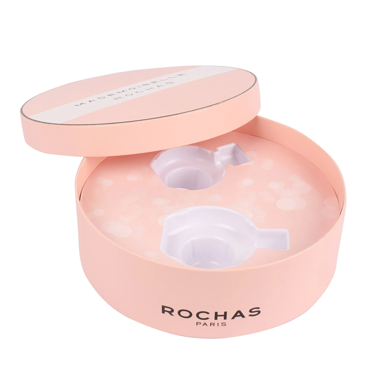 Custom Pink Round Paper Box with Plastic Holder Cardboard Round Gift Boxes with Lids for Cosmetics Packaging