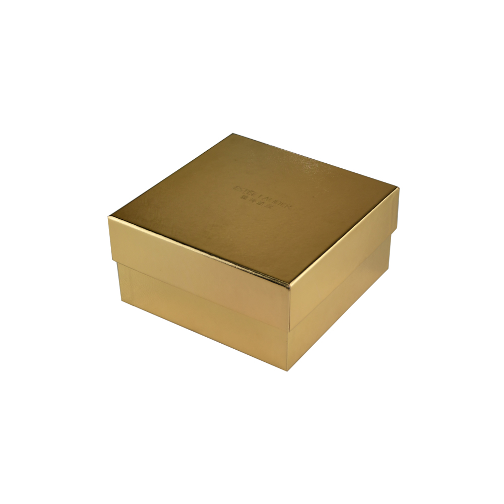 Custom Printed Gold Cardboard Gift Boxes with White Shredded Paper Tray and Debossed Logo