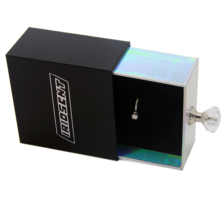 Luxury Holographic Paper Drawer Wedding Ring Packaging Jewelry Box Velvet Insert Wedding Ring Boxes