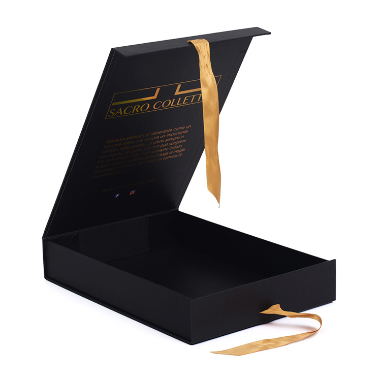 Matte Cardboard Black Magnetic Jewelry Storage Packaging Gift Box with Ribbon