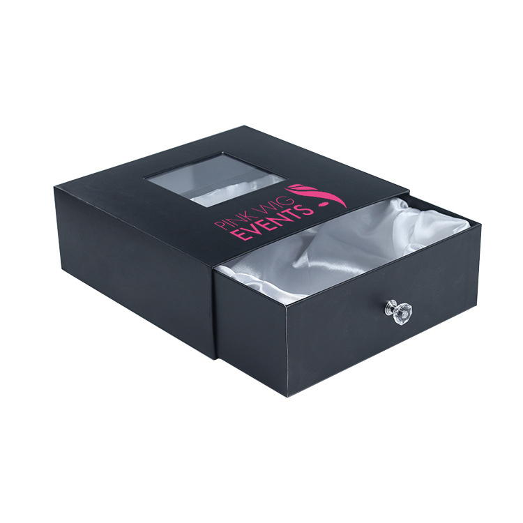 Black Drawer Hair Extension Gift Box Packaging with PVC Window Sliding Wigs Packaging Box with Satin