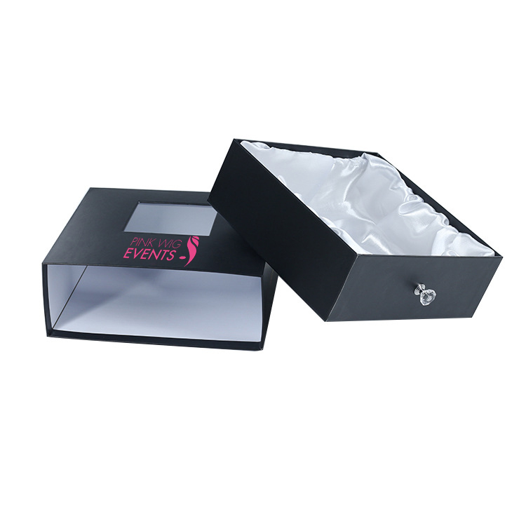 Black Drawer Hair Extension Gift Box Packaging with PVC Window Sliding Wigs Packaging Box with Satin