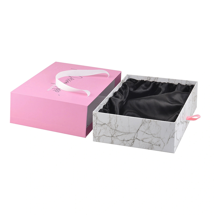 Marble Paper Sliding Drawer Wigs Gift Packaging Box Slide Out Hair Extension Box with Satin with Silk Handle
