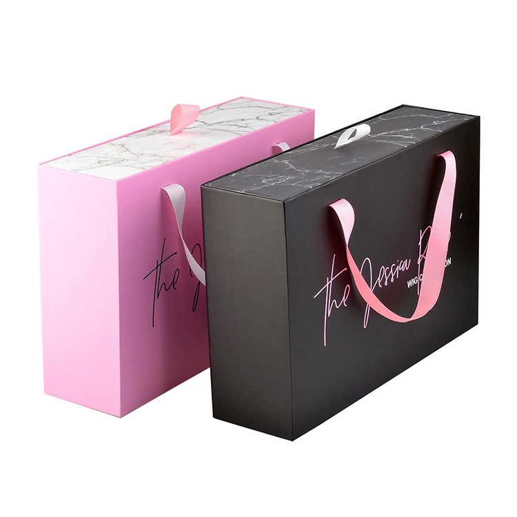 Marble Paper Sliding Drawer Wigs Gift Packaging Box Slide Out Hair Extension Box with Satin with Silk Handle