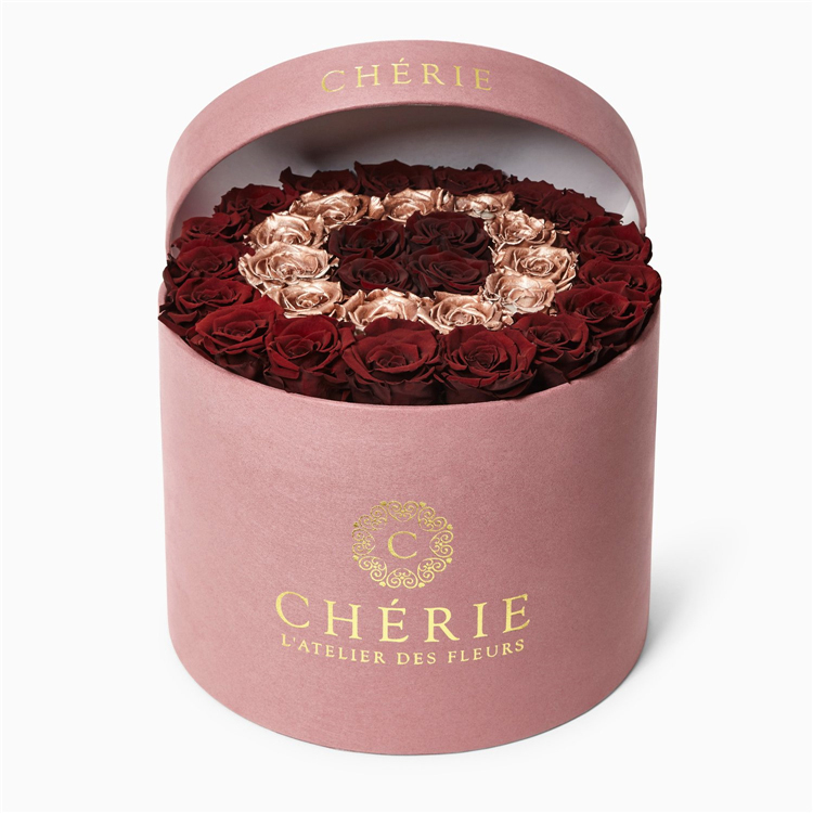 Golden Logo Long Stem Preserved Rose Packaging Luxury Suede Velvet Round Flower Box With Lid