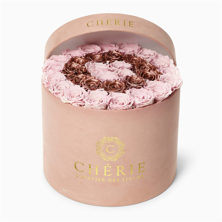 Golden Logo Long Stem Preserved Rose Packaging Luxury Suede Velvet Round Flower Box With Lid