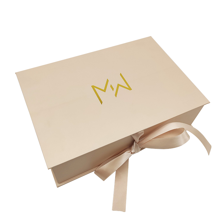 Custom Cardboard Gold Stamping Logo Empty Pink Folding Gift Box Ribbon Closures With Magnetic Lid For Cosmetic