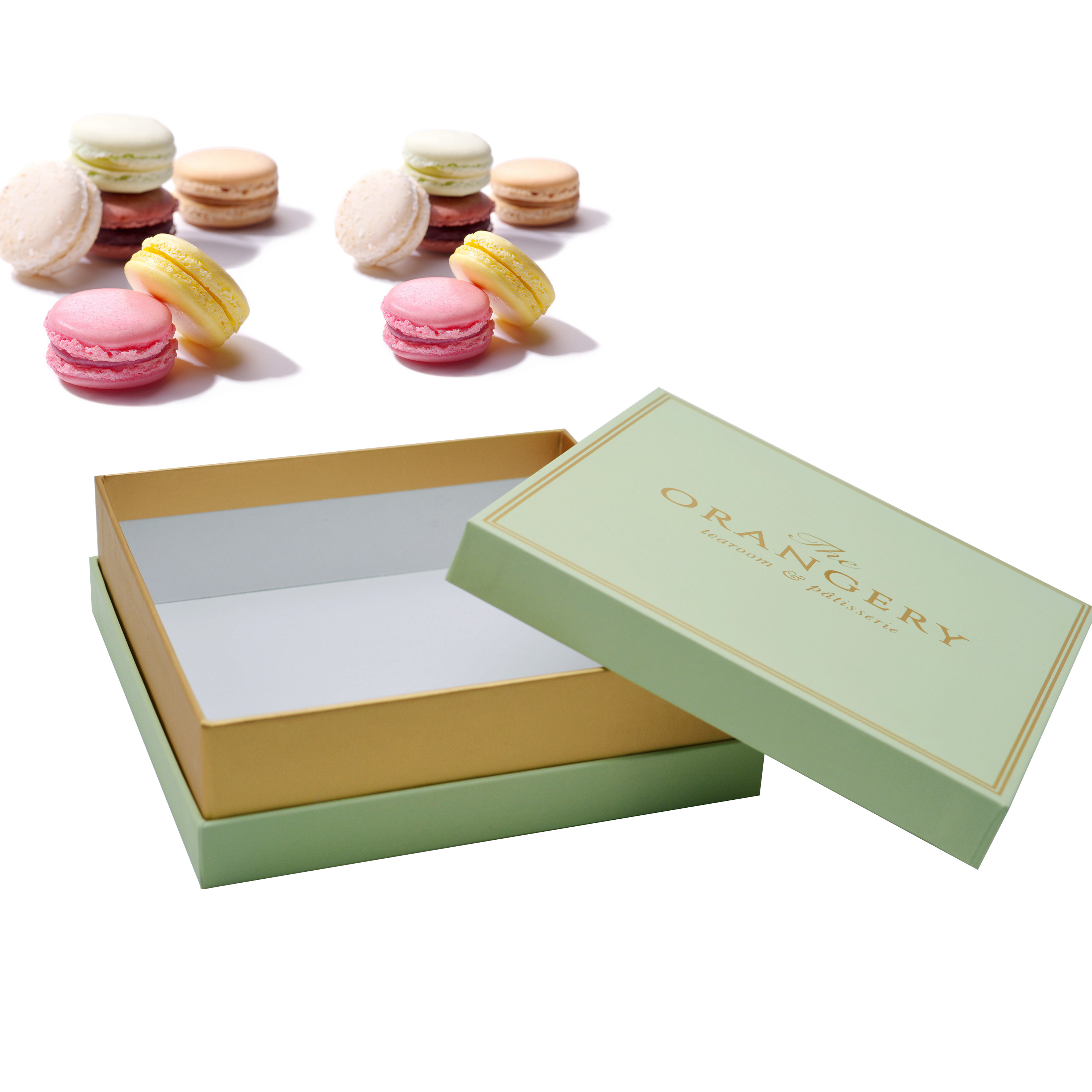 Custom Printed Macaron Gift Box Packaging with Plastic Tray Pastry Gold Lid Box with Lining for Tea Truffle Chocolate Sweet