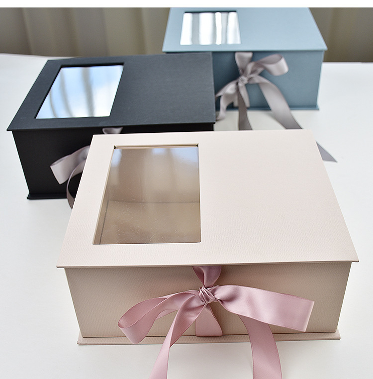 Hot Sale High Quality Custom Size Logo Paper Gift Packing Box With Clear Window And Long Ribbon
