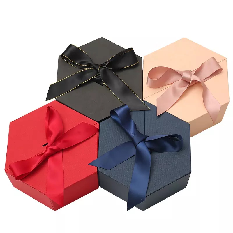 Sweet Engagement Luxury Craft Cardboard Paper Packaging Jewelry Hexagon Shaped Pink Custom Gift Box With Ribbon