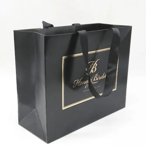 Black Foil Stamped Apparel Paper Bag with Ribbon Handles