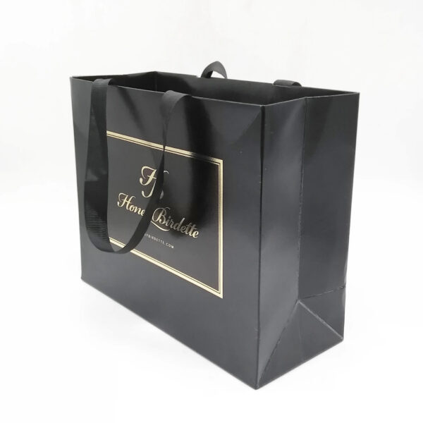 Black Foil Stamped Apparel Paper Bag with Ribbon Handles