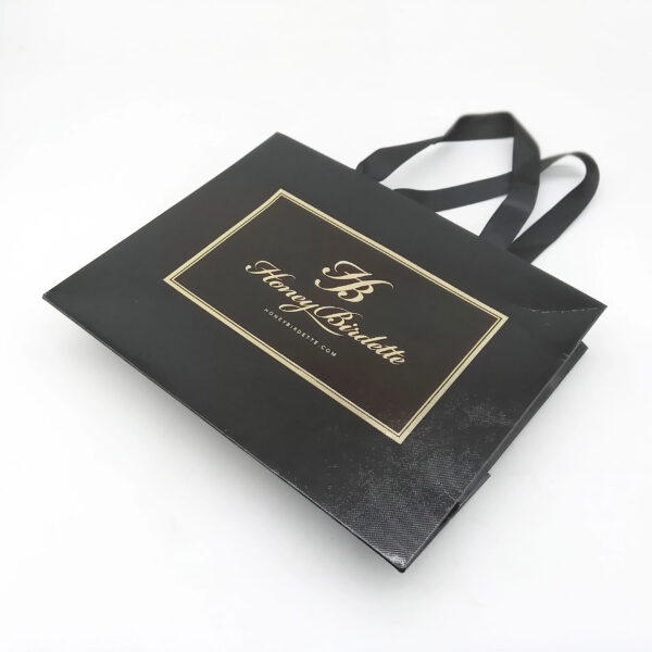 Black Foil Stamped Apparel Paper Bag with Ribbon Handles