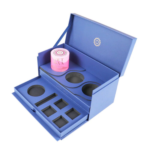 Caixa de presente azul para velas, de duas camadas, com divisória de espuma