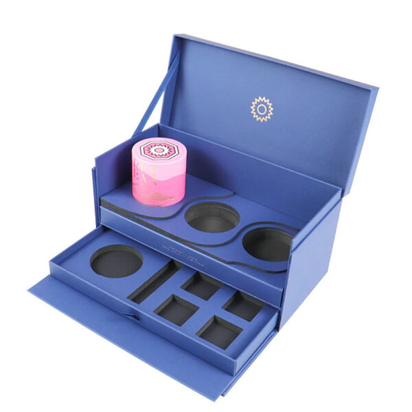 Caixa de presente azul para velas, de duas camadas, com divisória de espuma
