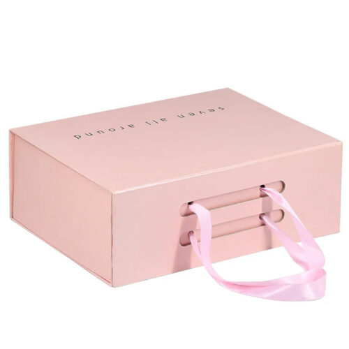 Custom Pink Rigid Gift Box with Ribbon Handles