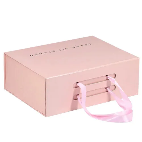 Custom Pink Rigid Gift Box with Ribbon Handles Custom Pink Rigid Gift Box with Ribbon Handles