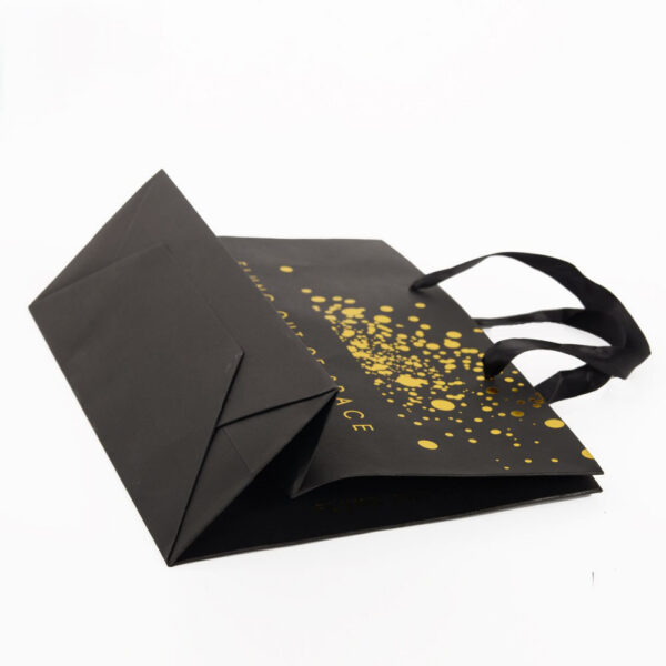 Gold Foil Printed Paper Shopping Bag with Ribbon Handles Gold Foil Printed Paper Shopping Bag with Ribbon Handles