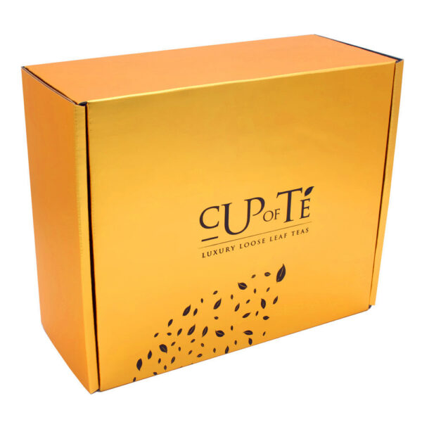 Caja de regalo para té «Gold Mailer» con interior estampado con hojas negras