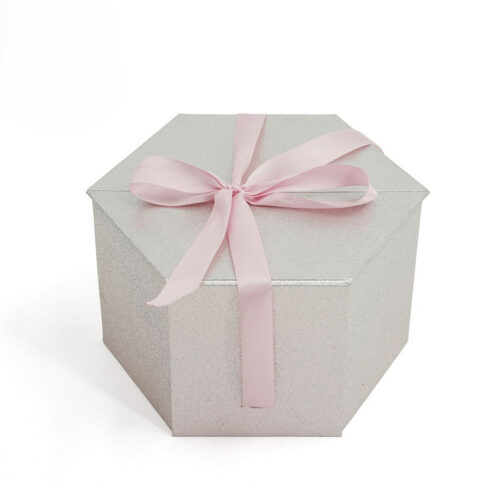 Hexagon Foldable Gift Box with Pink Satin Ribbon Closure Hexagon Foldable Gift Box with Pink Satin Ribbon Closure
