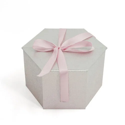 Hexagon Foldable Gift Box with Pink Satin Ribbon Closure