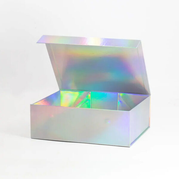 Confezione regalo olografica magnetica con chiusura a nastro di raso