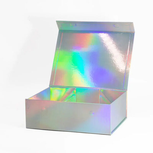 Confezione regalo olografica magnetica con chiusura a nastro di raso