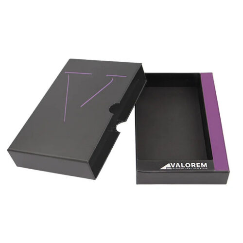 Matte Black Drawer Rigid Box with Purple Logo Thumb Notch Matte Black Drawer Rigid Box with Purple Logo Thumb Notch