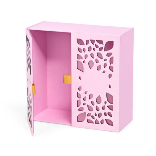 Pink Double Door Rigid Gift Box with Laser-Cut Leaf Lids Pink Double Door Rigid Gift Box with Laser-Cut Leaf Lids