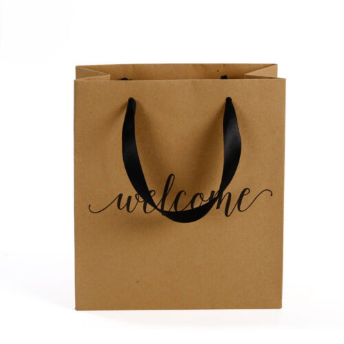 Printed Kraft Shopping Gift Bag with Black Ribbon Handles Printed Kraft Shopping Gift Bag with Black Ribbon Handles