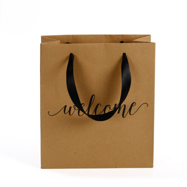Bolsa de regalo de papel kraft estampada con asas de cinta negra