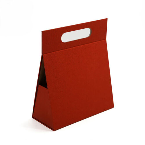 Red Rigid Folding Wine Bottle Gift Box with Die-Cut Handle Red Rigid Folding Wine Bottle Gift Box with Die-Cut Handle