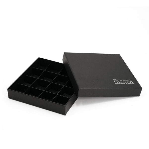 Confezione regalo rigida per cioccolatini con inserti a griglia stampati con il logo