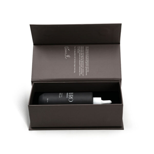 Boîte rigide à compteur magnétique pour huile capillaire, avec insert en mousse veloutée