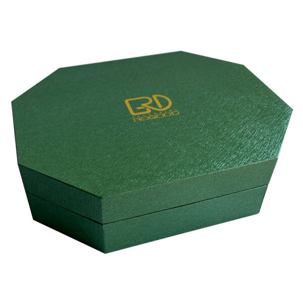 Green rigid perfume presentation box with hinged lid and insert