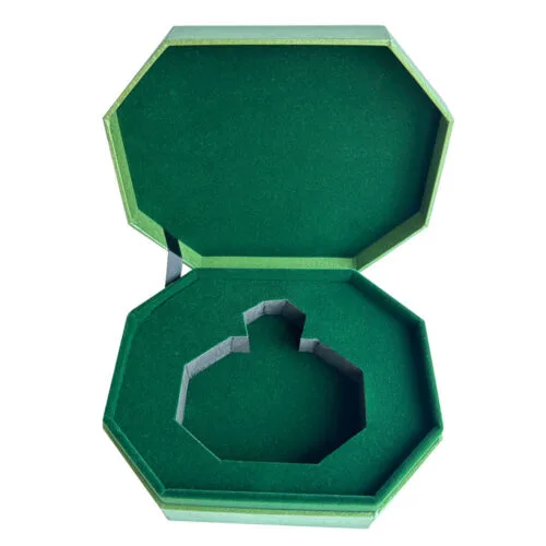 Open perfume gift box with green flocked bottle insert Open perfume gift box with green flocked bottle insert