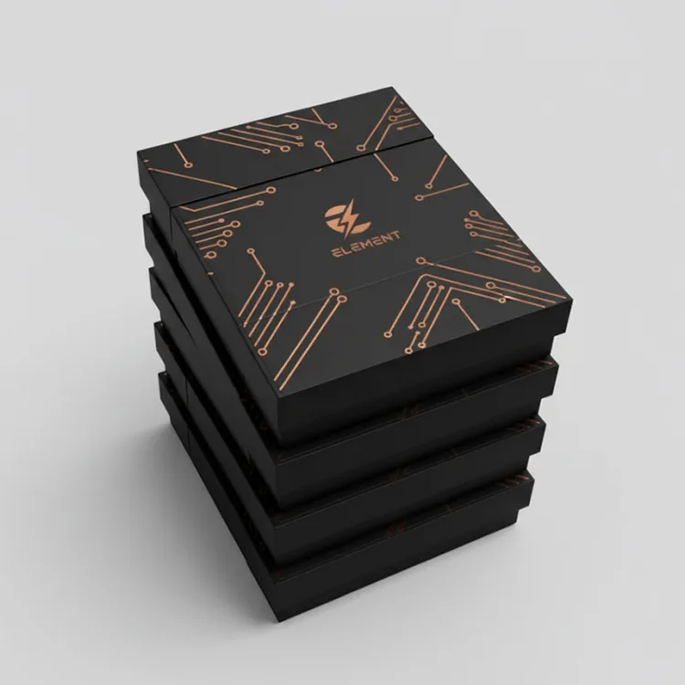 Rigid Electronics Packaging Box – Black with Gold Foil – Tech-Style Design