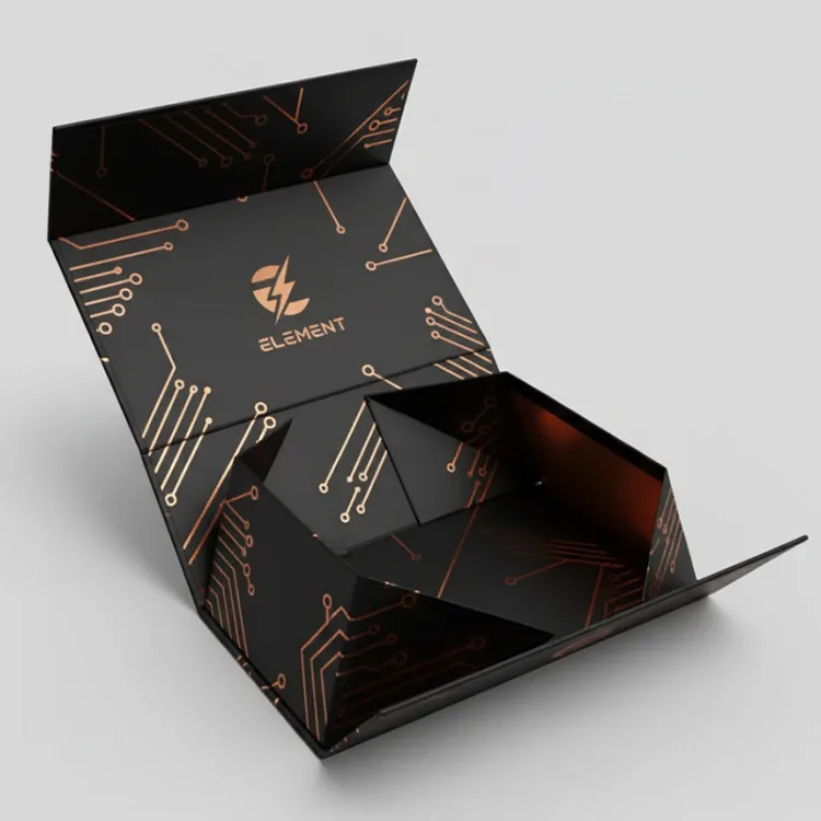 Rigid Electronics Packaging Box – Black with Gold Foil – Tech-Style Design